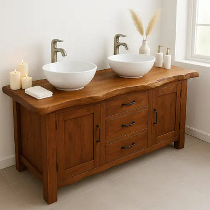 Handcrafted Double Sink Bathroom Vanity – Solid Wood Live Edge Countertop with Drawers & Cabinets – Rustic Modern Design for Natural Interiors Kitchnce