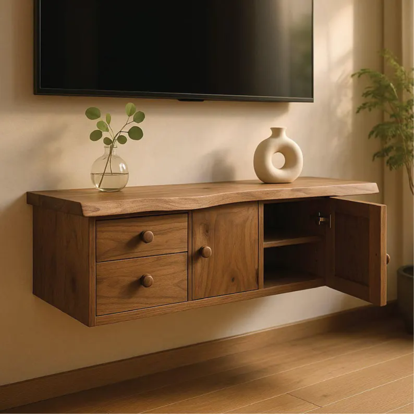 Handcrafted Solid Wood Floating TV Stand, Live Edge Media Console with Cabinet & Drawers Kitchnce