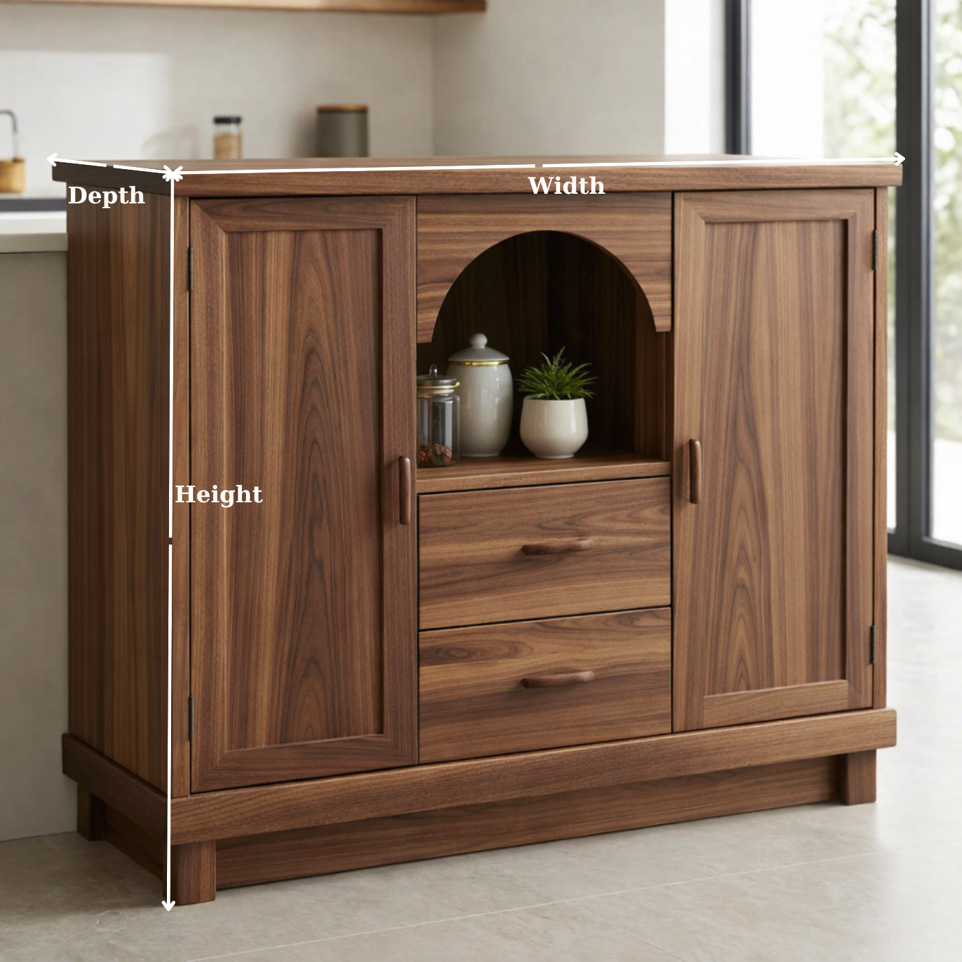 Solid Walnut Kitchen Island with Doors, Drawers & Arched Shelf