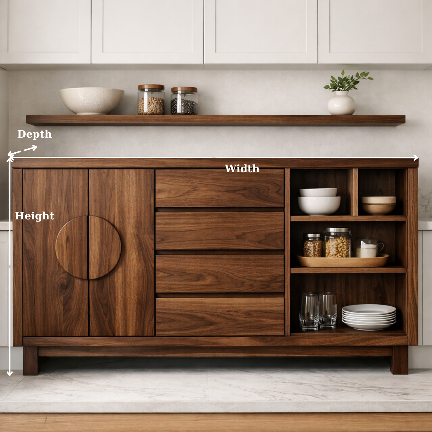 Solid Oak Kitchen Island with Round Handle Doors & Open Shelf Storage