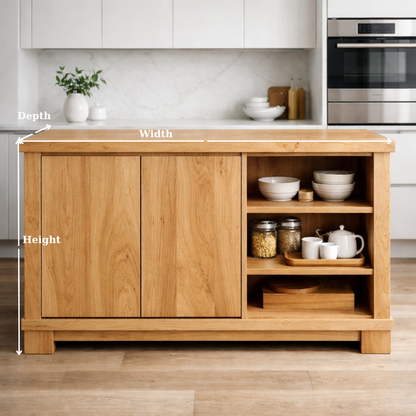 Solid Wood Kitchen Island with Doors & Open Shelf Storage