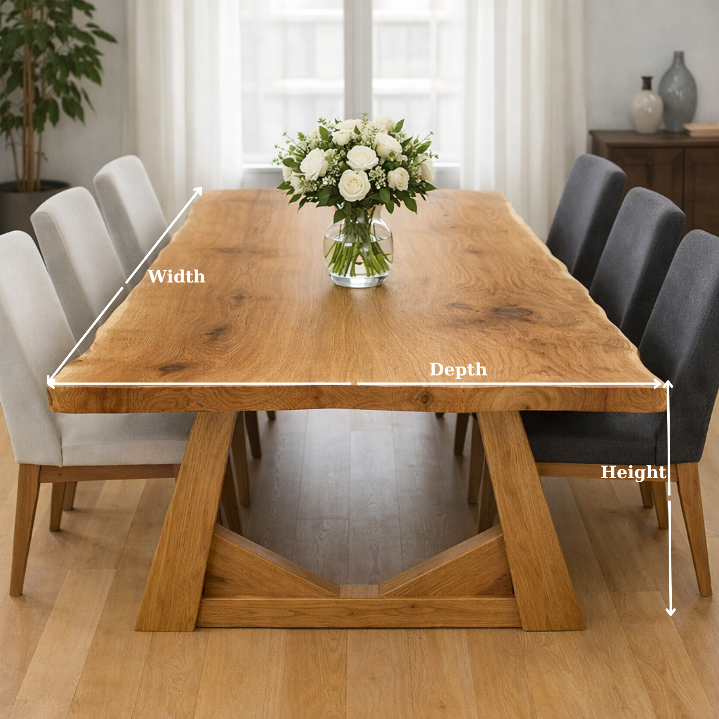 Solid Oak Dining Table with Trestle Base – Natural Wood Farmhouse Table