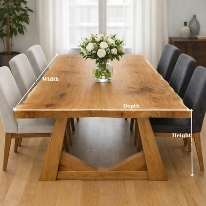 Solid Oak Dining Table with Trestle Base – Natural Wood Farmhouse Table