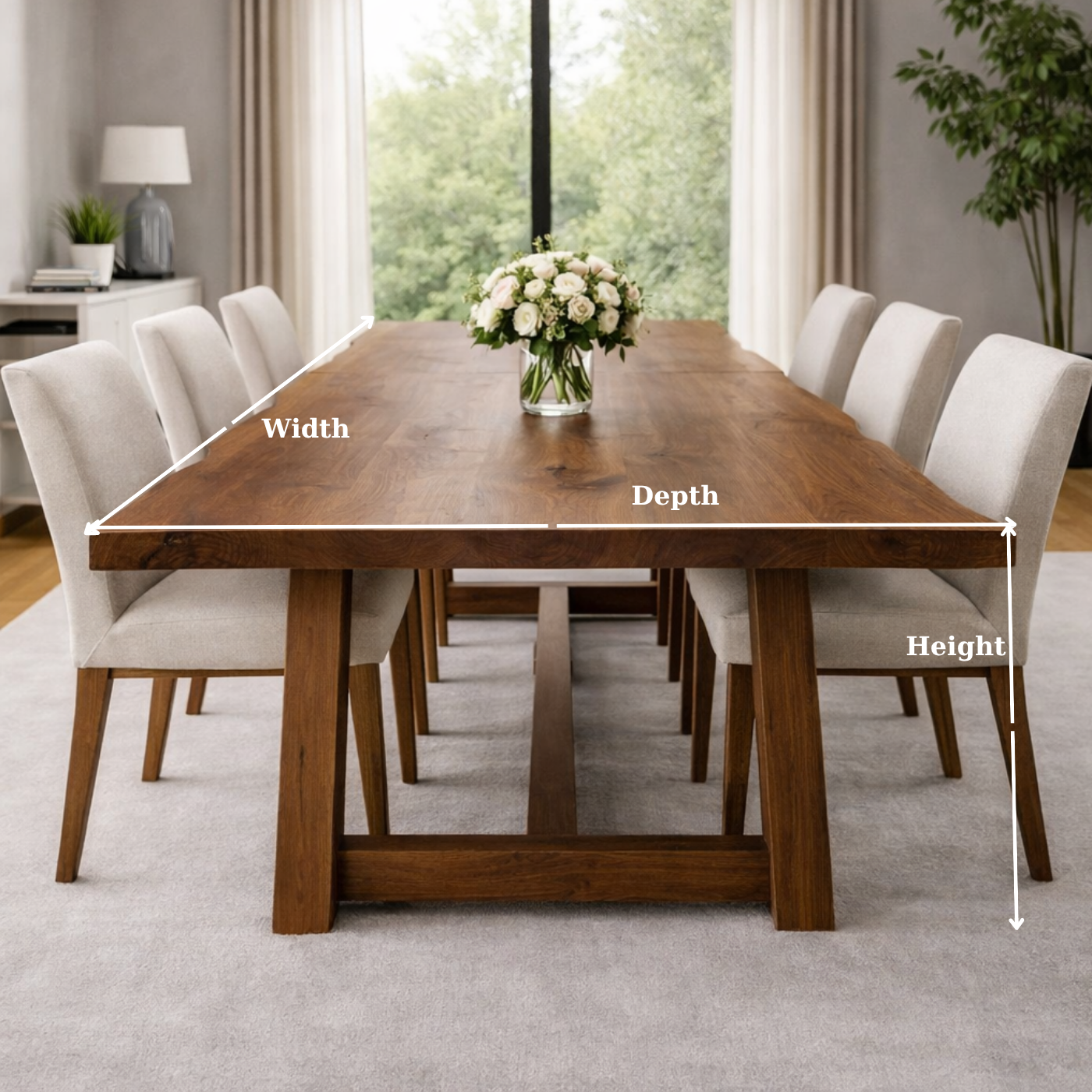 Solid Wood Dining Table with Trestle Base – Modern Farmhouse Walnut Table