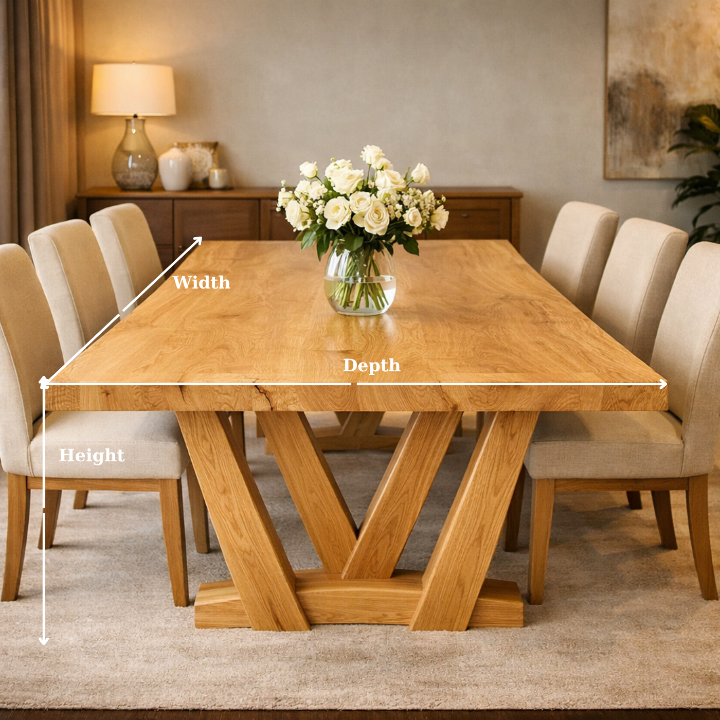 Solid Wood Dining Table with Thick Slab Top & Sculptural V Base Design