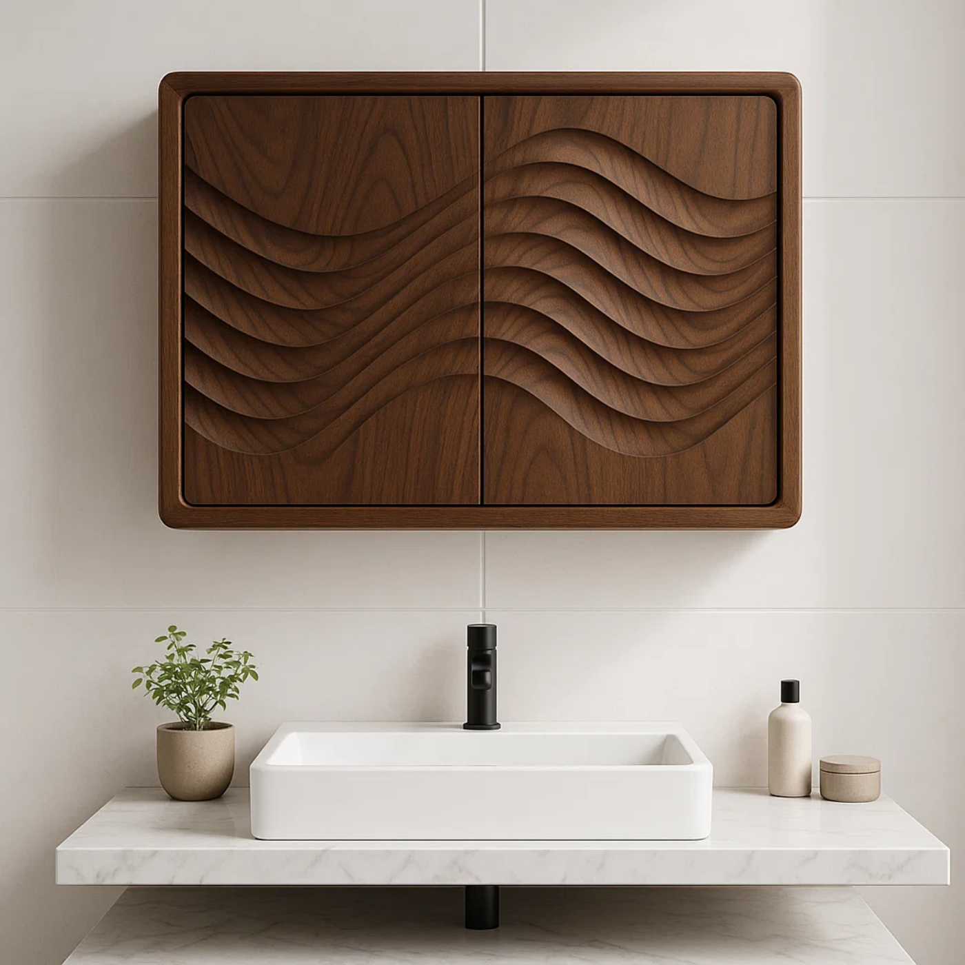 Handcrafted Solid Wood Wall Cabinet with Sculpted Wave Doors – Modern Artistic Bathroom Storage Kitchnce