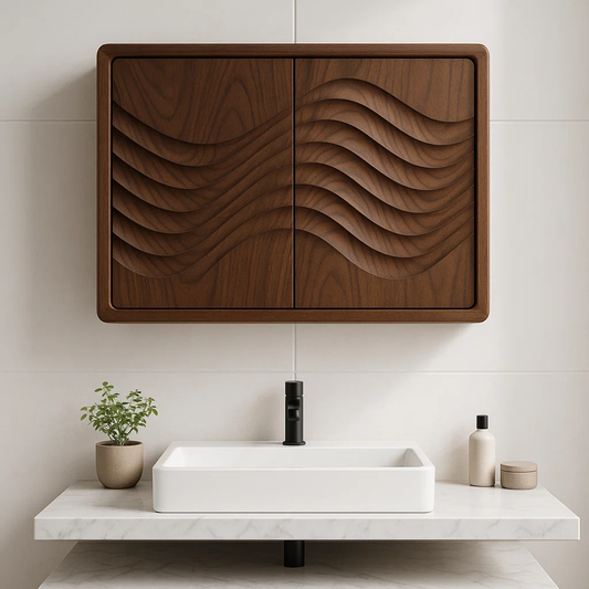 Handcrafted Solid Wood Wall Cabinet with Sculpted Wave Doors – Modern Artistic Bathroom Storage Kitchnce