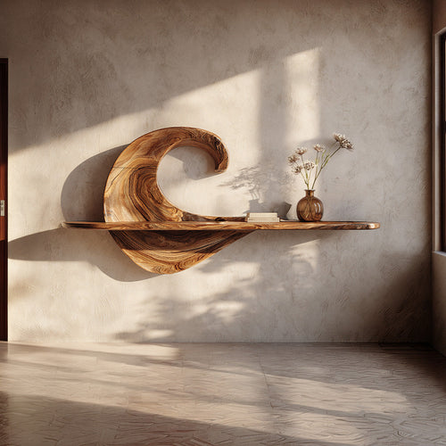 Wave Sculptural Floating Wall Shelf in Natural Wood