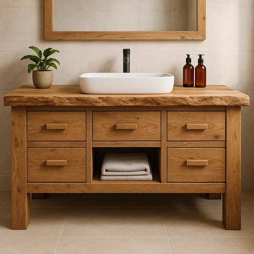 Handcrafted Solid Wood Bathroom Vanity - Live Edge Storage Cabinet with 6 Drawers & Shelf Kitchnce