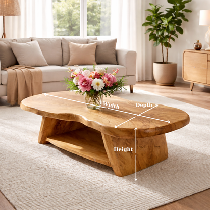 Organic Solid Wood Coffee Table with Sculpted Base in Light Natural Oak
