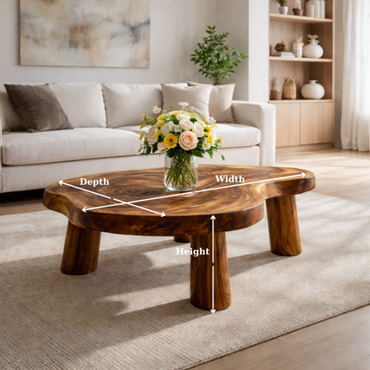 Live Edge Solid Wood Coffee Table with Chunky Legs in Warm Walnut Finish