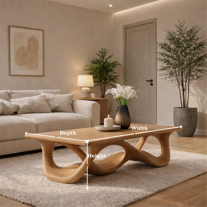 Solid Wood Coffee Table with Sculptural Wave Base in Light Oak Finish