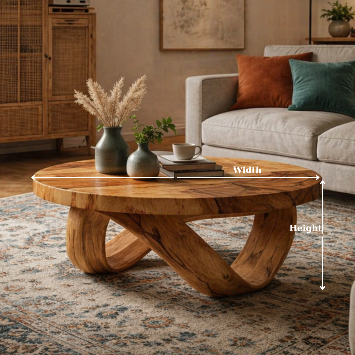 Round Solid Wood Coffee Table with Sculptural Curved Base in Warm Walnut Tone