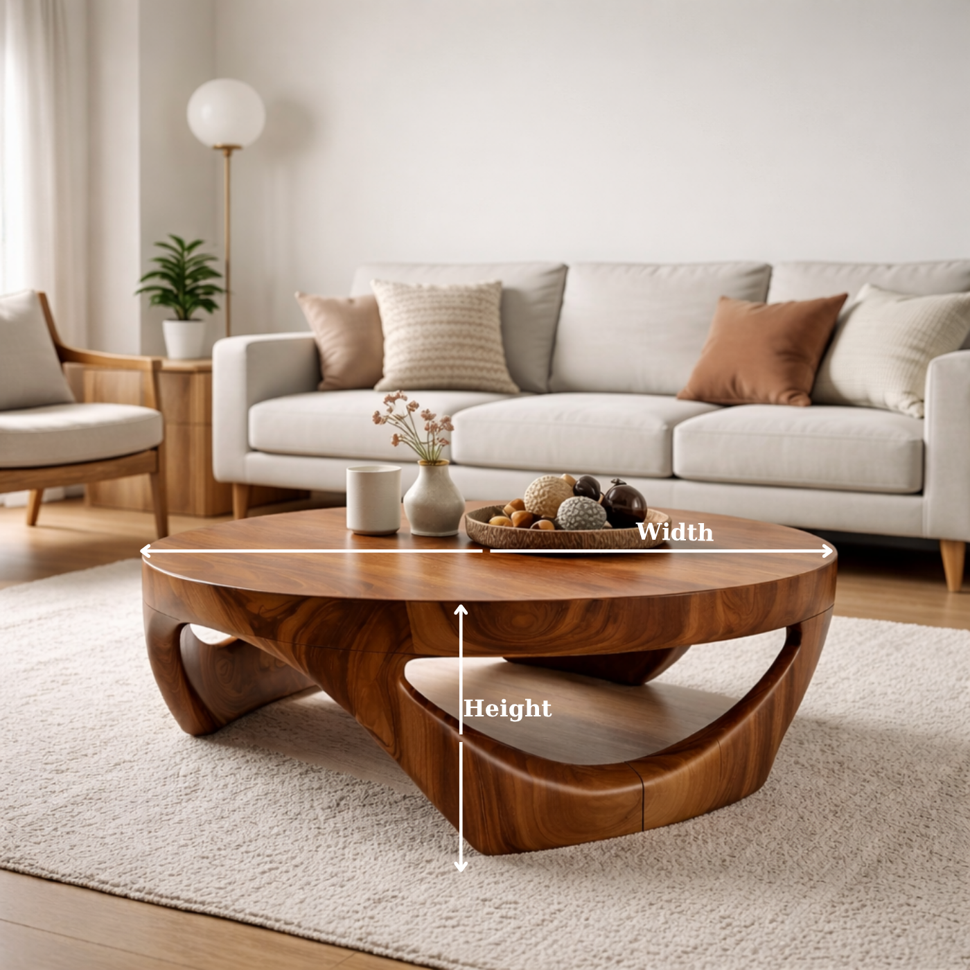 Round Solid Wood Coffee Table with Sculptural Base in Deep Walnut Finish