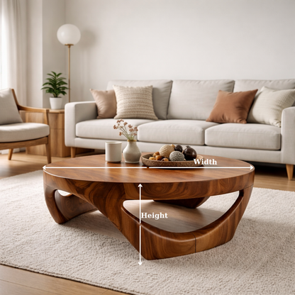Round Solid Wood Coffee Table with Sculptural Base in Deep Walnut Finish