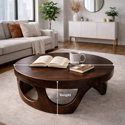 Round Solid Wood Coffee Table with Sculptural Base and Rich Walnut Finish