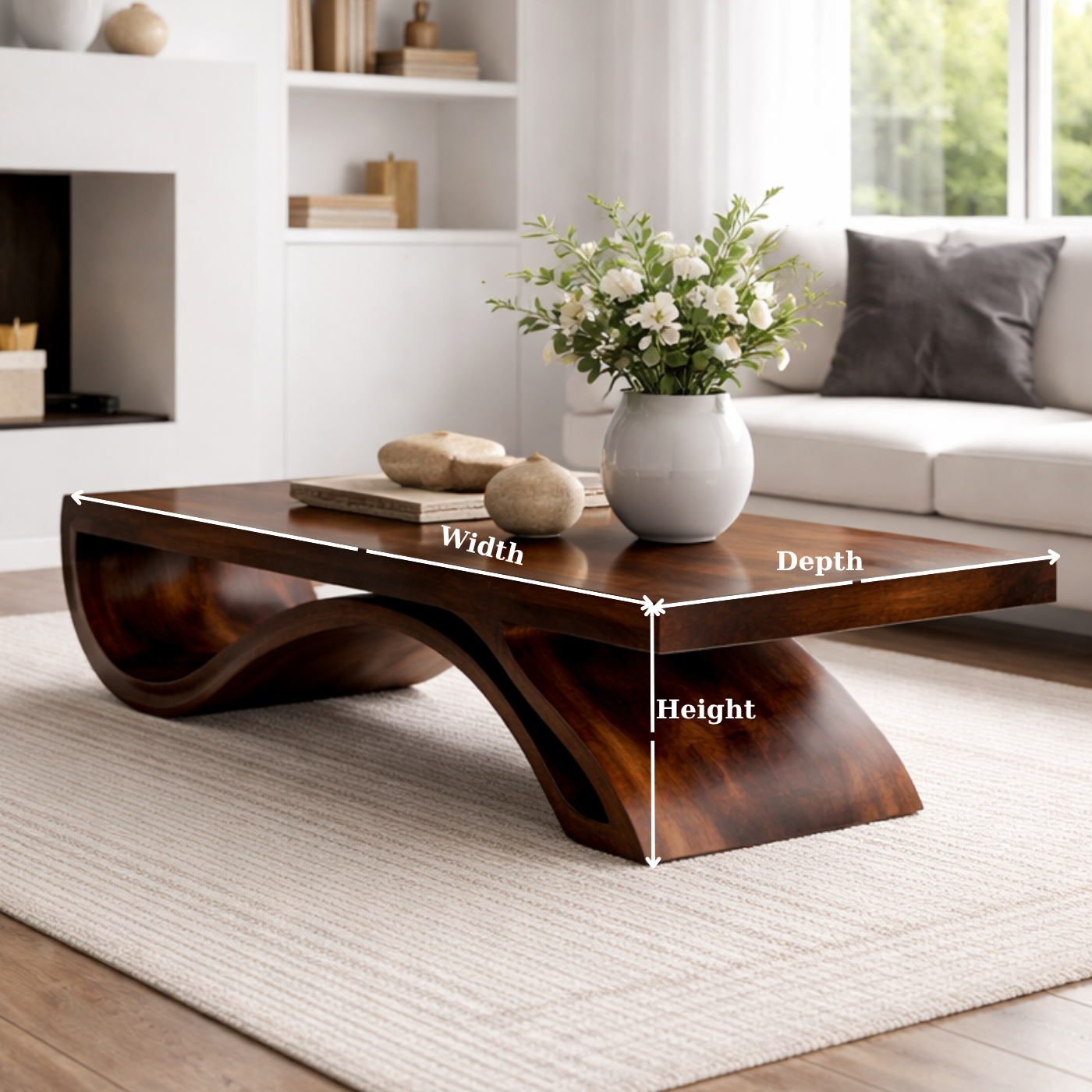 Solid Wood Coffee Table with Sculptural Base and Thick Slab Top