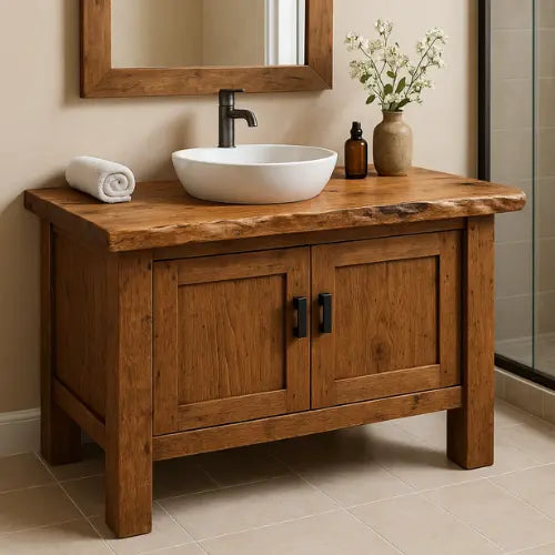 Handcrafted Solid Wood Bathroom Vanity – Live Edge Countertop with Double Door Storage Kitchnce