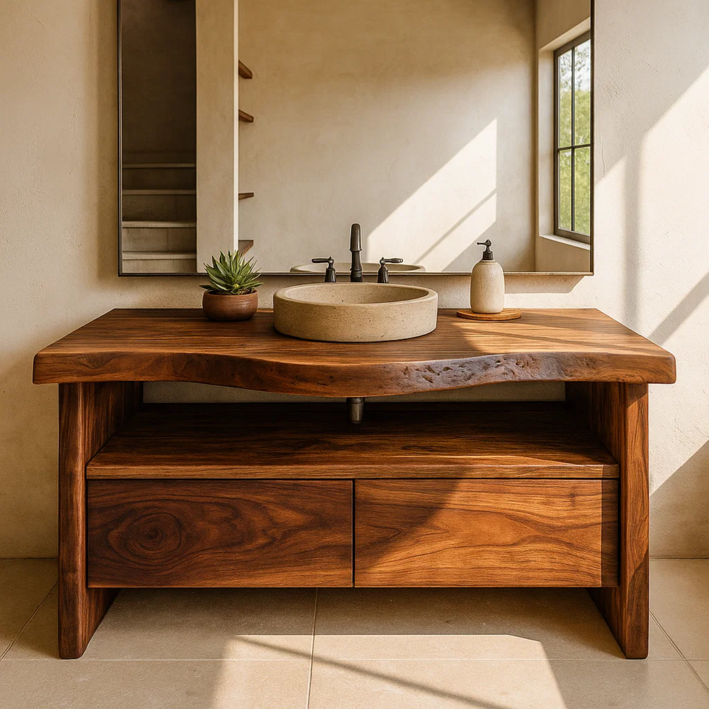 Handcrafted Solid Wood Bathroom Vanity with Live-Edge Walnut Top and Modern Storage Drawers Kitchnce