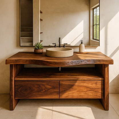 Handcrafted Solid Wood Bathroom Vanity with Live-Edge Walnut Top and Modern Storage Drawers Kitchnce