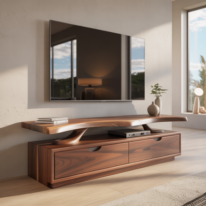 Handcrafted Solid Wood TV Stand with Sculpted Live-Edge Floating Shelf Kitchnce