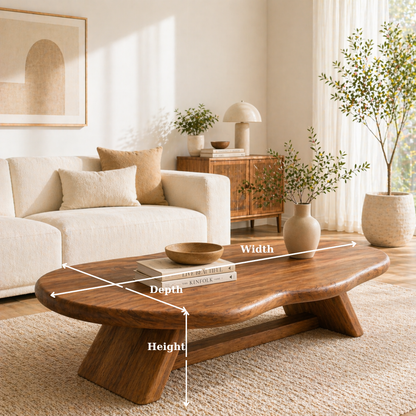 Solid Wood Coffee Table with Organic Oval Top and Angled Base