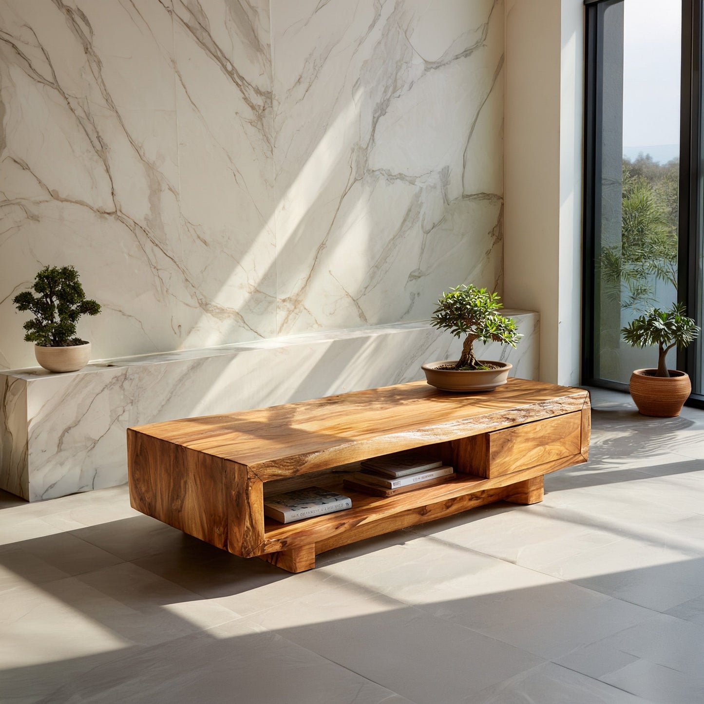Live Edge Storage Coffee Table With Dual Drawer Design