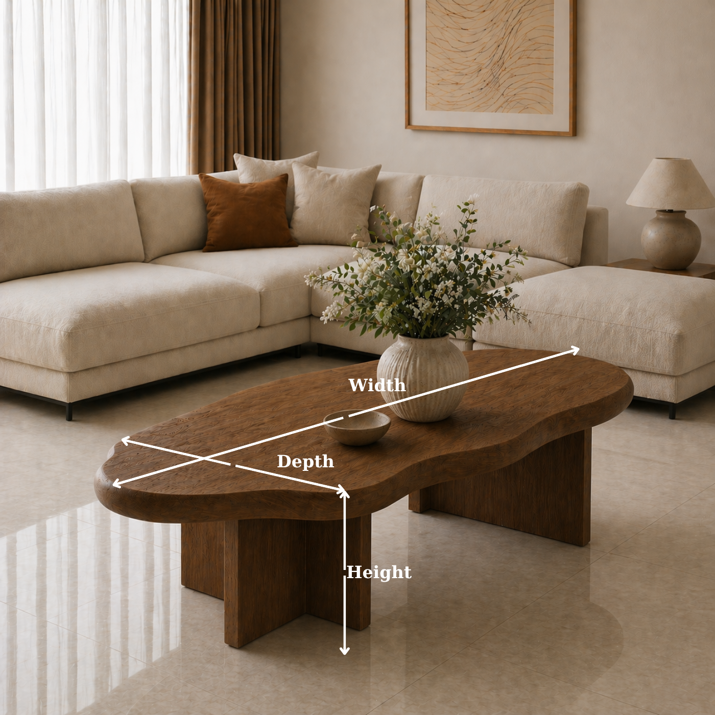 Solid Wood Coffee Table with Organic Shape and Thick Block Base