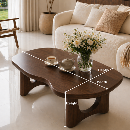 Solid Wood Coffee Table with Organic Shape and Sculpted Base