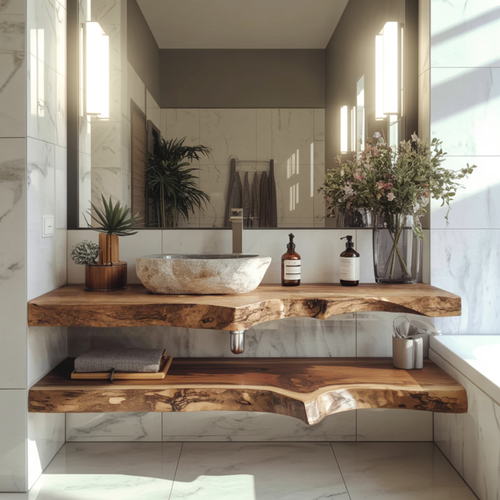 Handcrafted Solid Wood Floating Vanity – Live Edge Two-Tier Console Kitchnce