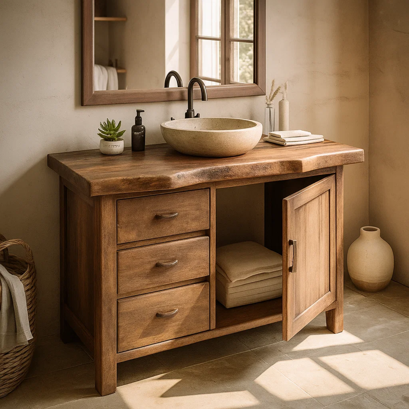 Handcrafted Solid Wood Bathroom Vanity with Live-Edge Top and Storage Drawers Kitchnce