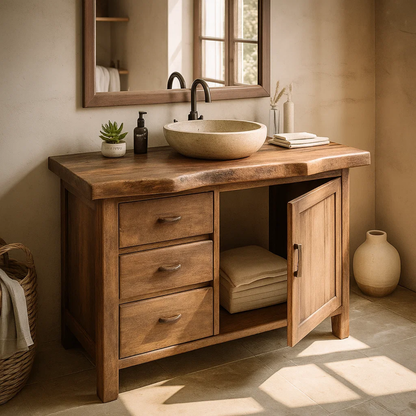 Handcrafted Solid Wood Bathroom Vanity with Live-Edge Top and Storage Drawers Kitchnce
