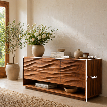 Solid Wood Console Table with Wave Carved Doors and Open Shelf in Walnut Finish