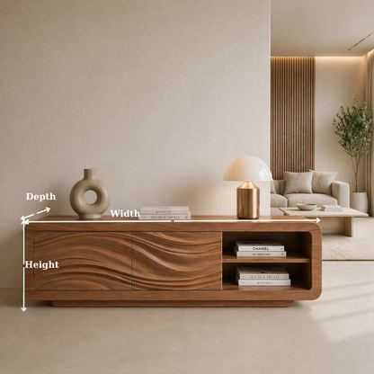 Solid Wood TV Stand with Wave Carved Doors and Open Shelf in Walnut Finish