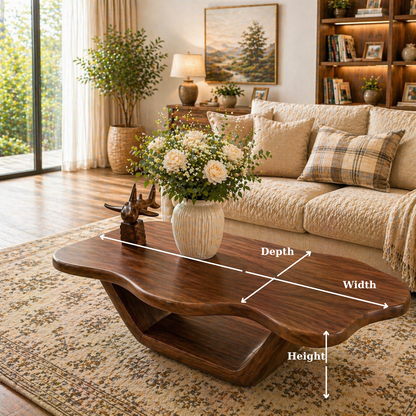 Solid Wood Coffee Table with Organic Curved Top and Sculptural Base