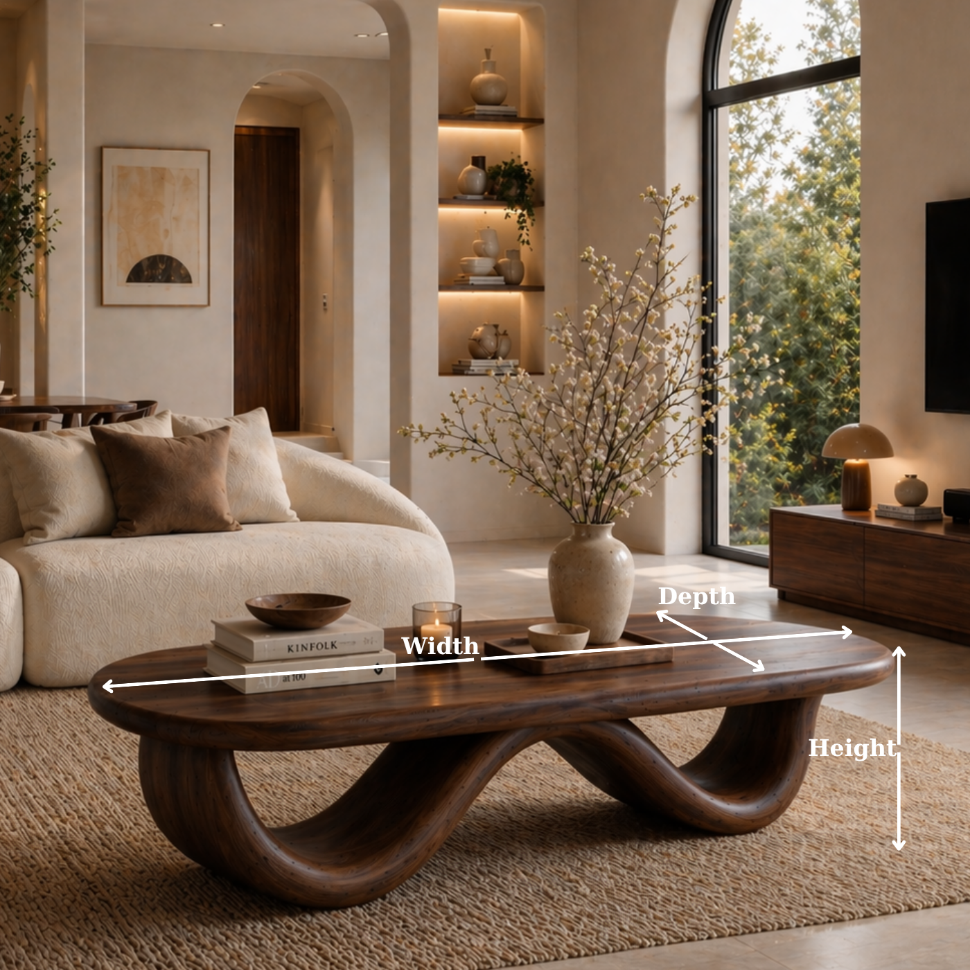 Solid Wood Coffee Table with Curved Sculptural Base and Organic Top