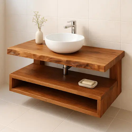 Handcrafted Floating Solid Wood Bathroom Vanity – Rustic Live Edge Countertop with Open Shelf – Modern Minimalist Design Kitchnce