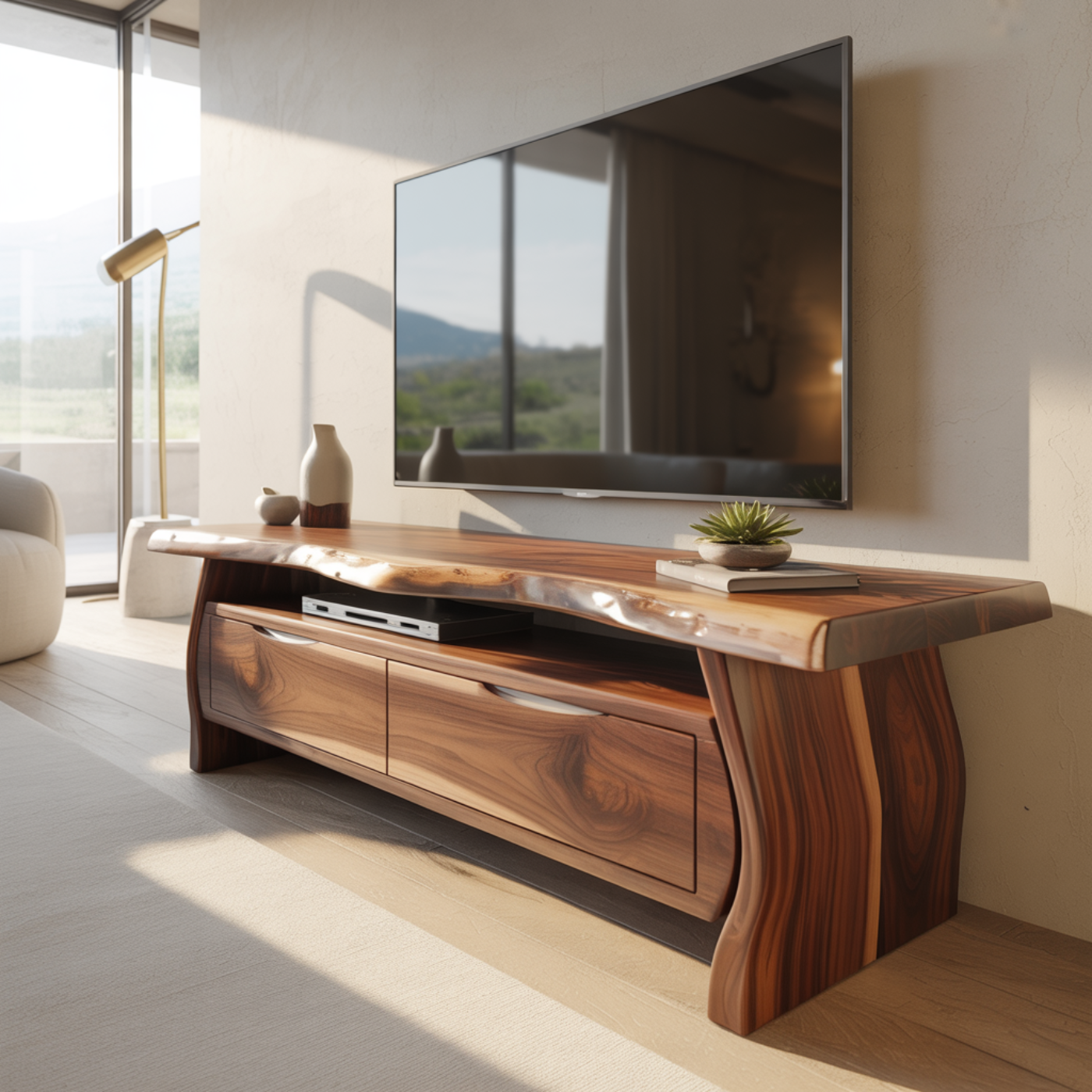 Handcrafted Live-Edge Solid Wood TV Stand with Sculpted Curved Base Kitchnce