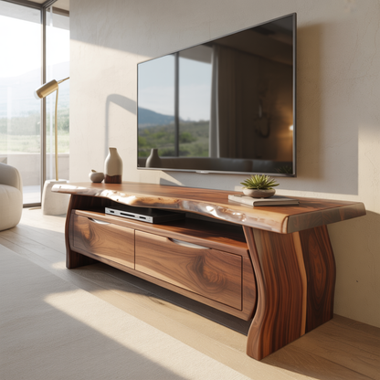Handcrafted Live-Edge Solid Wood TV Stand with Sculpted Curved Base Kitchnce
