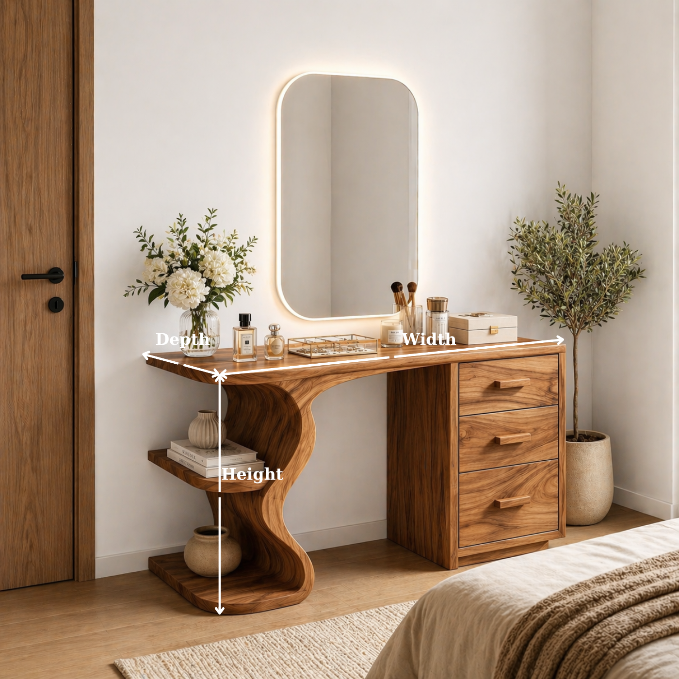 Solid Wood Makeup Vanity Desk with Sculptural Curved Base and 3 Drawers
