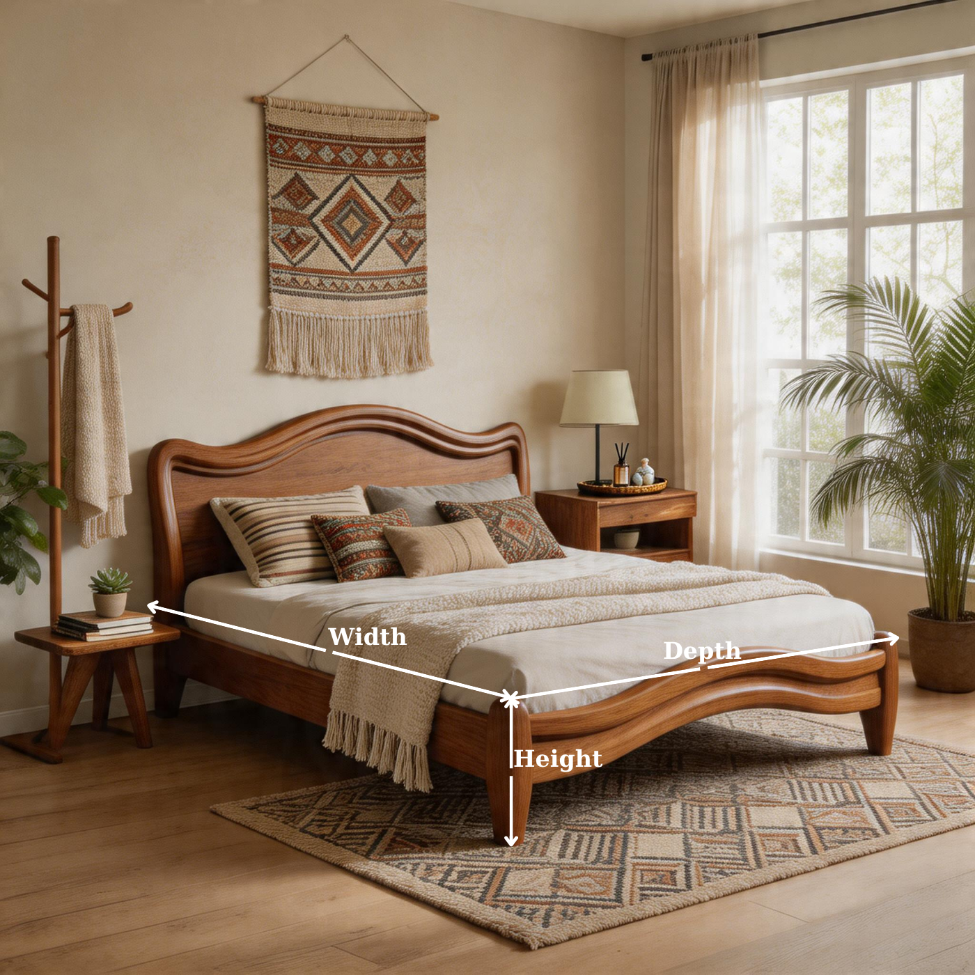 Modern Solid Wood Platform Bed with Curved Design