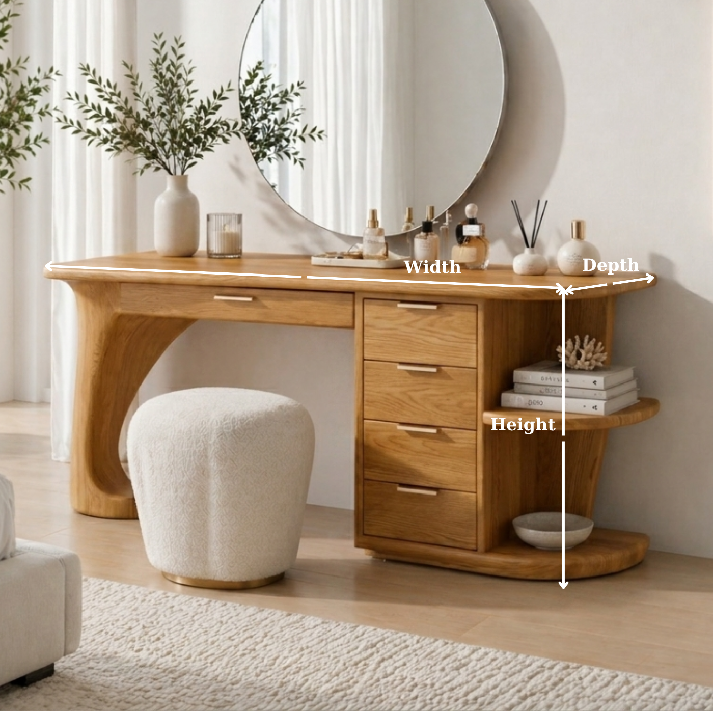 Solid Wood Makeup Vanity Desk with Curved Base and Multi Drawer Storage