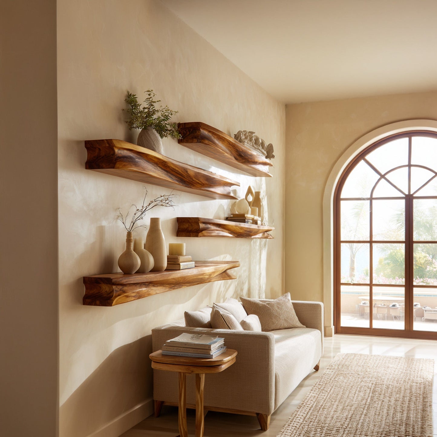 Layered Wood Wall-Mounted Shelf With Sculptural Display