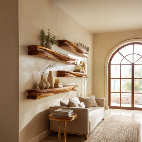 Layered Wood Wall-Mounted Shelf With Sculptural Display