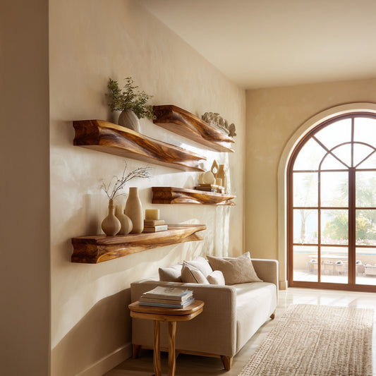 Layered Wood Wall-Mounted Shelf With Sculptural Display