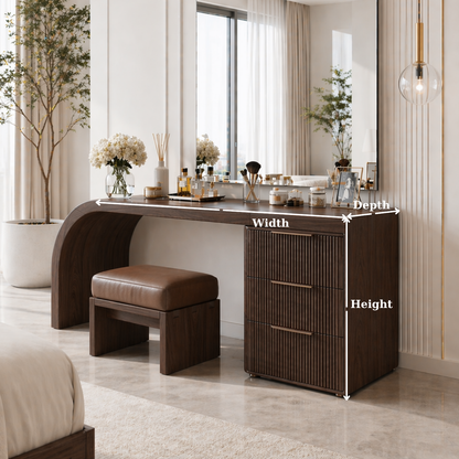 Solid Wood Makeup Vanity Desk with Curved Base and Fluted Drawer Cabinet