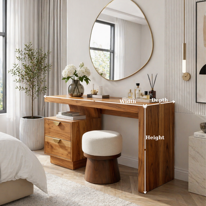 Solid Wood Makeup Vanity Desk with Thick Slab Design and Storage Drawers