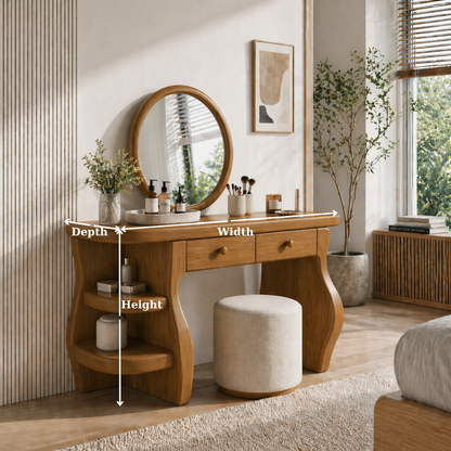 Solid Wood Makeup Vanity Desk with Sculptural Curved Base and Double Drawers