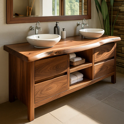 Handcrafted Solid Wood Bathroom Vanity - Live Edge Walnut, Drawers & Open Shelving Kitchnce