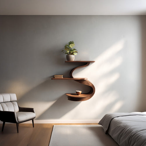 Three-Tier S-Shaped Floating Wall Shelf in Natural Wood